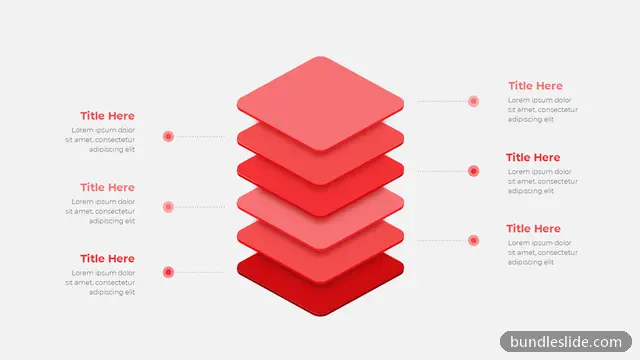 6 Level Pyramid PPT template with 6 items in red, stacked layers, 3D diamonds - editable PowerPoint slide