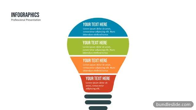 4 Stage Funnel PPT template with 4 items in blue, funnel diagram, bulb shape - editable PowerPoint slide