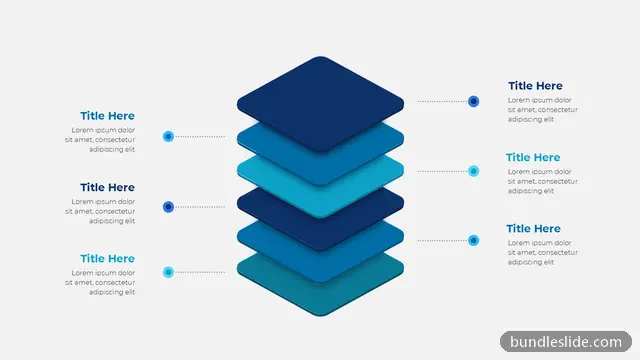 6 Level Pyramid PPT template with 6 items in dark blue, 3D stacked layers, workflow - editable PowerPoint slide