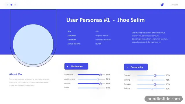 Buyer Persona PPT template with 8 items in blue, user persona, profile - editable PowerPoint slide