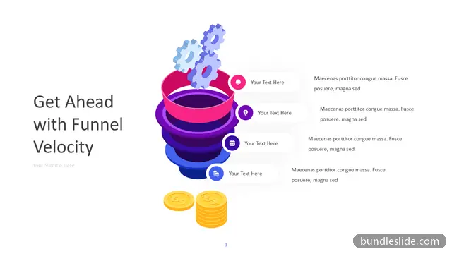 4 Stage Funnel PPT template with 4 items in pink, funnel diagram, isometric illustration - editable PowerPoint slide