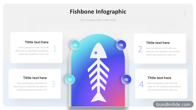Fishbone Diagram PPT template with 4 items in blue, fishbone diagram, cause and effect - editable PowerPoint slide