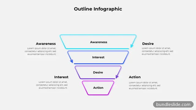 4 Stage Funnel PPT template with 4 items in cyan, funnel diagram, AIDA model - editable PowerPoint slide