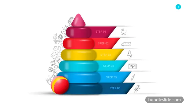 6 Level Pyramid PPT template with 6 items in pink, stacking rings toy, pregnancy journey - editable PowerPoint slide