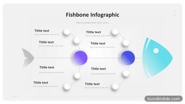 Fishbone Diagram PPT template with 8 items in purple, fishbone diagram, root cause analysis - editable PowerPoint slide