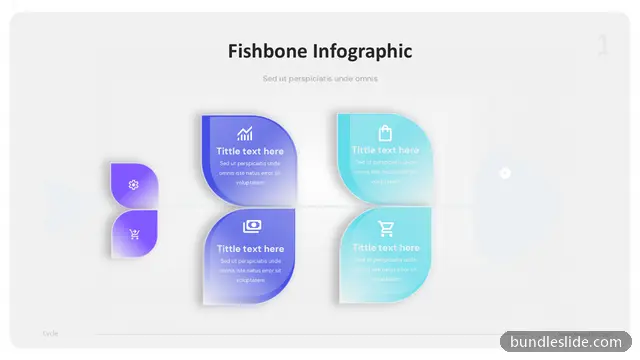 Fishbone Diagram PPT template with 4 items in purple, fishbone, cause and effect - editable PowerPoint slide