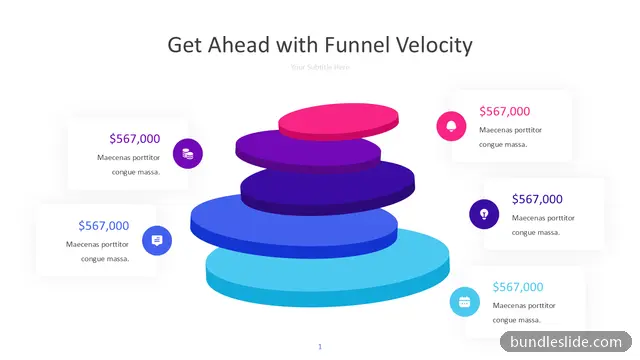 5 Stage Funnel PPT template with 5 items in pink, 3D funnel, stacked discs - editable PowerPoint slide