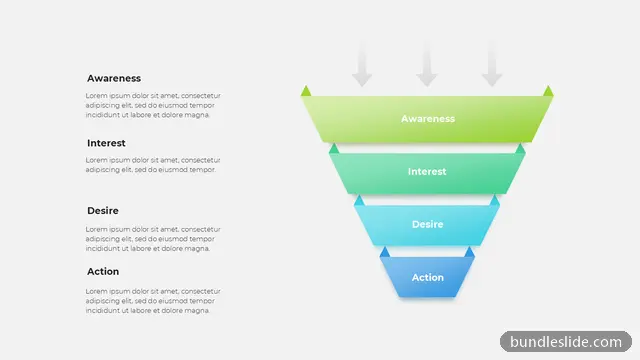 4 Stage Funnel PPT template with 4 items in green, AIDA funnel, awareness interest desire action - editable PowerPoint slide