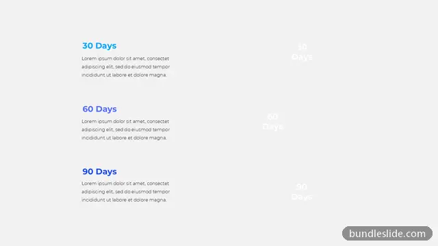 3 Step Roadmap PPT template with 3 items in light gray, 30 60 90 days plan, milestones - editable PowerPoint slide