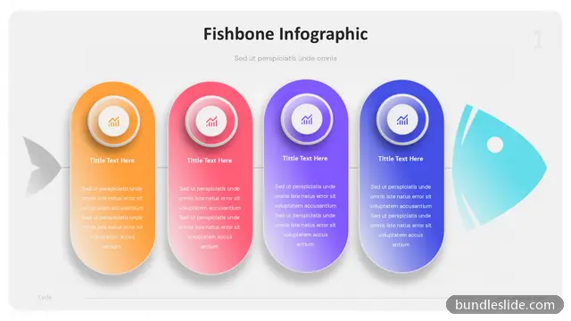 Fishbone Diagram PPT template with 4 items in orange, fishbone infographic, four columns - editable PowerPoint slide