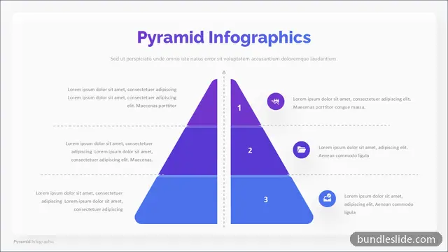 3 Level Pyramid PPT template with 3 items in purple, pyramid diagram, 3-level hierarchy - editable PowerPoint slide